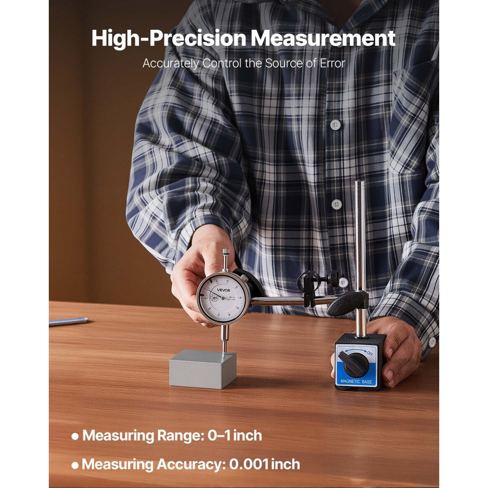 VEVOR Dial Test Indicator with Dual Rod Stand and Storage Case, 0.001 inch Accuracy, 0-1 inch Range, Fine Adjustable Long Arm, Non-Magnetic Centering Rods for Machine Set-Up, Narrow Area Measurement