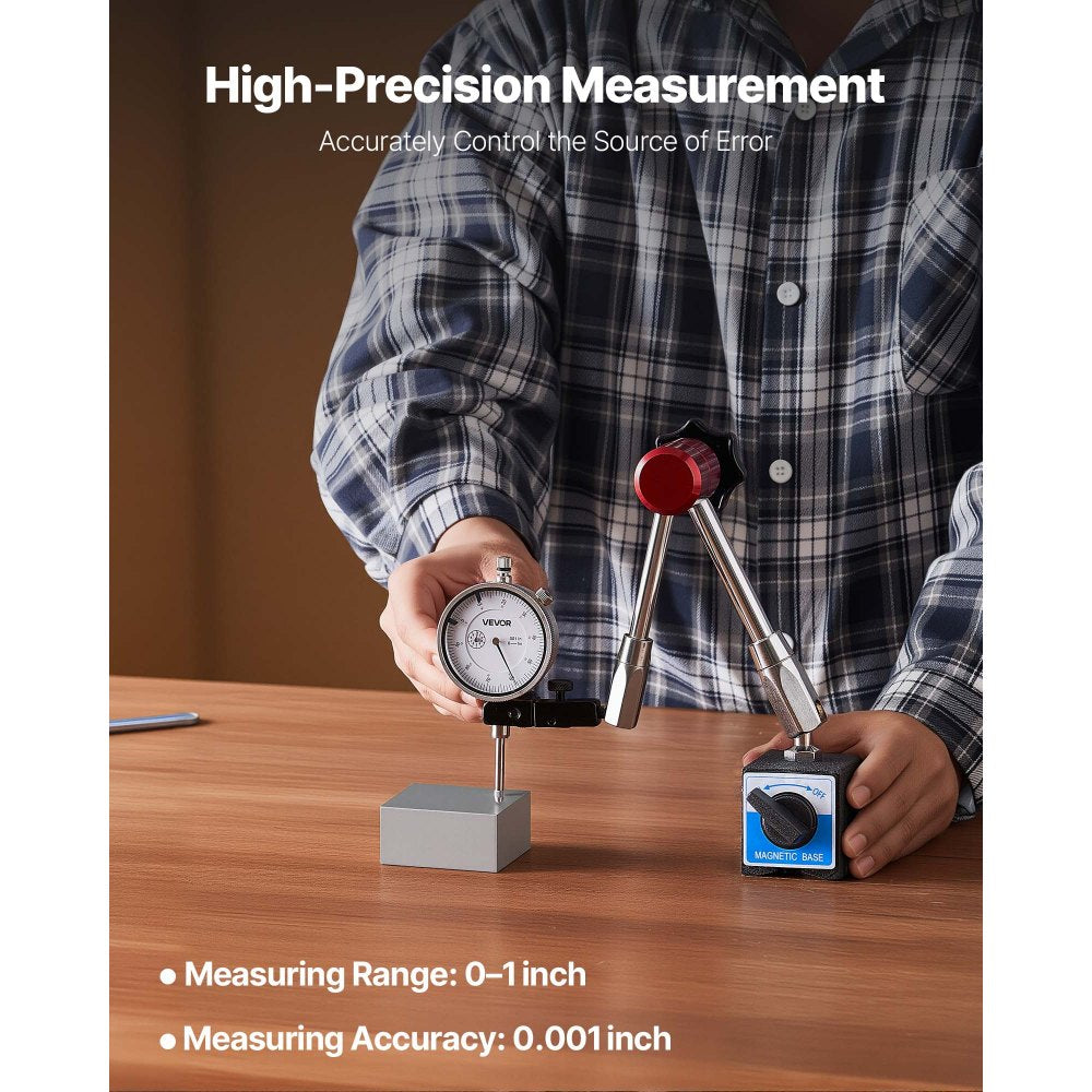 VEVOR Dial Test Indicator with Magnetic Flexible Base Stand, 0.001 inch Accuracy, 0-1 inch Range, Fine Adjustable Long Arm, Professional for Machine Set-Up, Narrow Area Measurement, Easy to Read