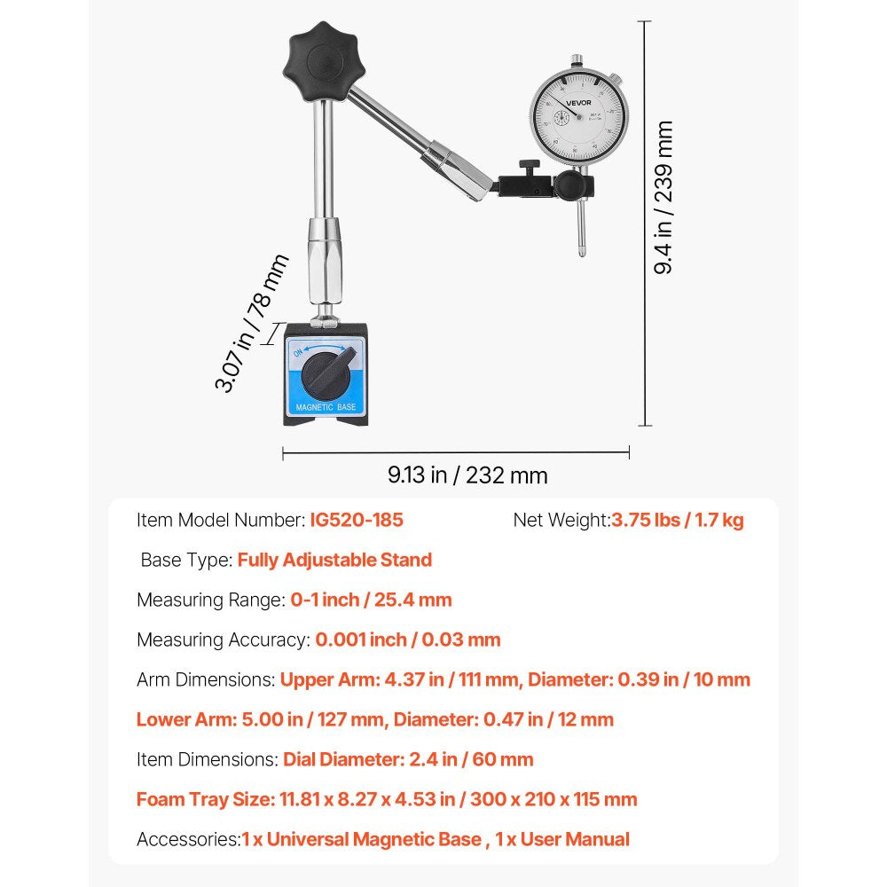 VEVOR Dial Test Indicator with Magnetic Flexible Base Stand, 0.001 inch Accuracy, 0-1 inch Range, Fine Adjustable Long Arm, Professional for Machine Set-Up, Narrow Area Measurement, Easy to Read