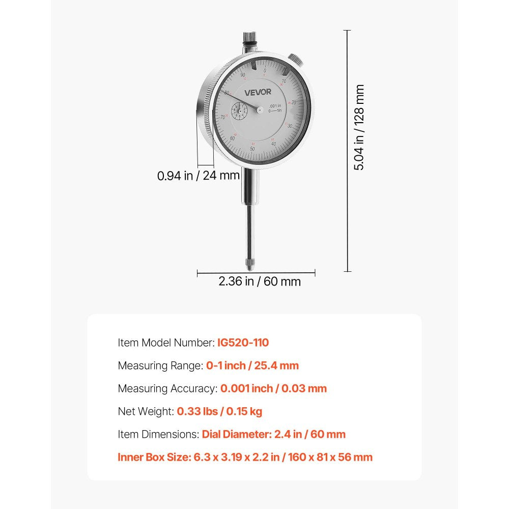 VEVOR Dial Test Indicator, 0.001 inch Accuracy, 0-1 inch Measuring Range, Easy to Read Large Dial, Professional for Internal Diameter Measurement, Runout Detection, Flatness Inspection
