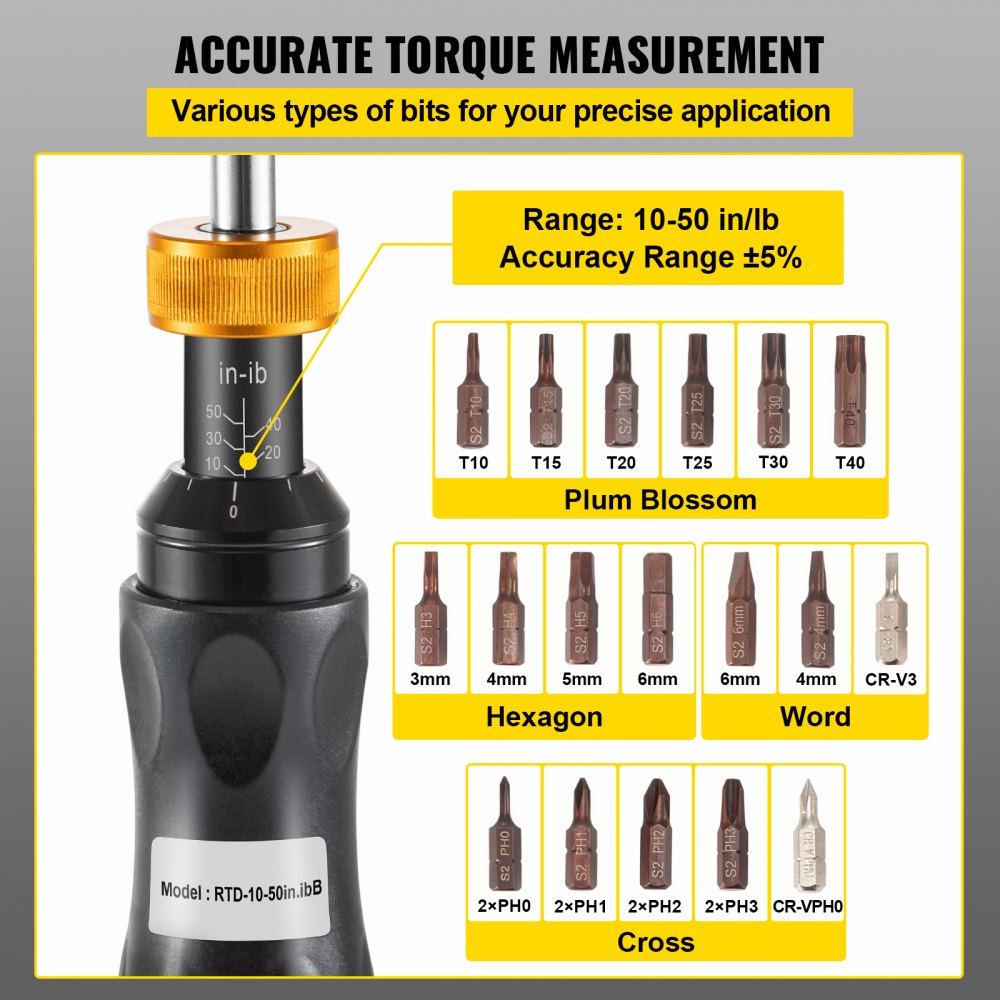 VEVOR 1/4" Drive Torque Screwdriver Wrench Set, 10-50 in-lbs Torque Adjustment Range, Torque Range Accurate to ±5%, 5 in-lb Increment Torque Screwdriver with 18 Bits & Case