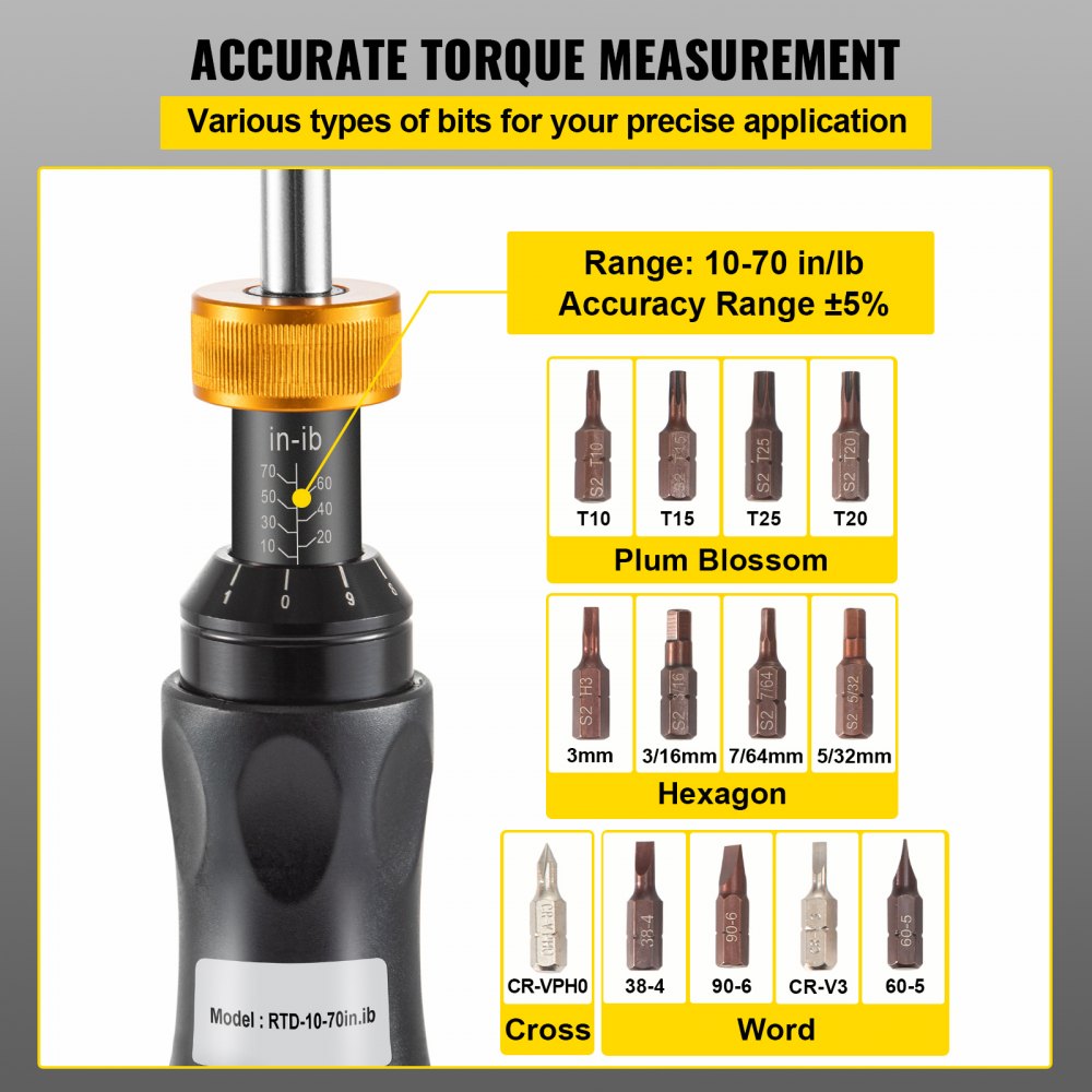 VEVOR Torque Screwdriver, 1/4\" Drive Screwdriver Torque Wrench, Torque Screwdriver Electrician 10-70 in/lbs Torque Range Accurate to ±5%, Adjustable inch Pound Torque Screwdriver with Bits & Case