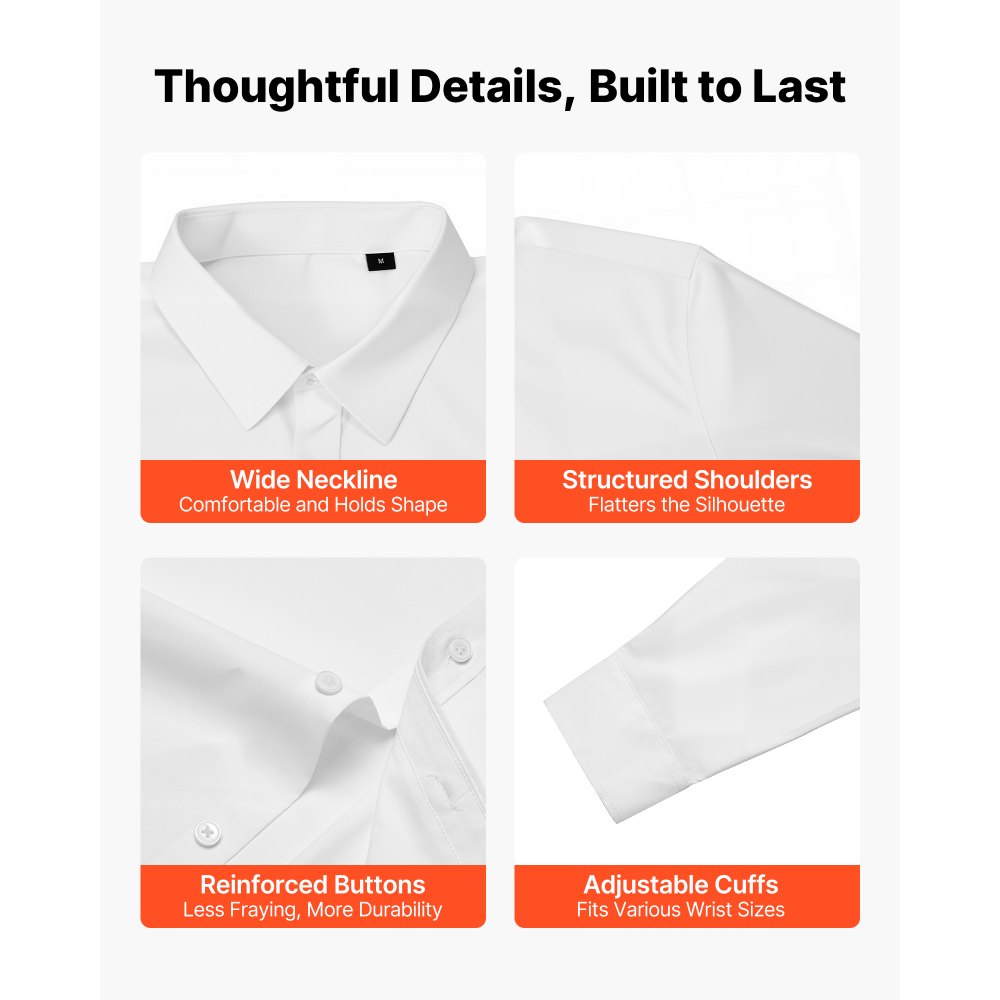 VEVOR Men's Button Up Shirt, Mens Long Sleeve Wrinkle-free Button Down Dress Shirts, Slim Fit Soft Stretch Fabric for Business Casual or Formal, Work, Wedding, Dinner, White, M Size