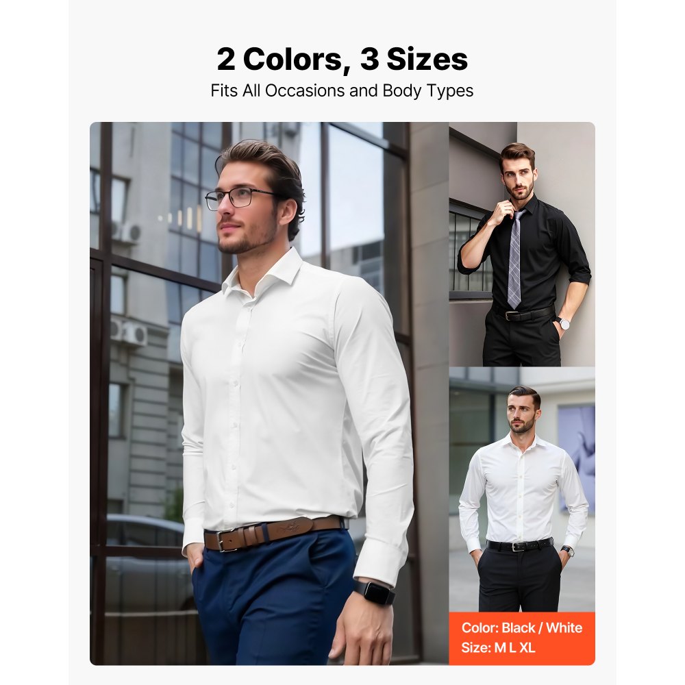 VEVOR Men's Button Up Shirt, Mens Long Sleeve Wrinkle-free Button Down Dress Shirts, Slim Fit Soft Stretch Fabric for Business Casual or Formal, Work, Wedding, Dinner, White, XL Size