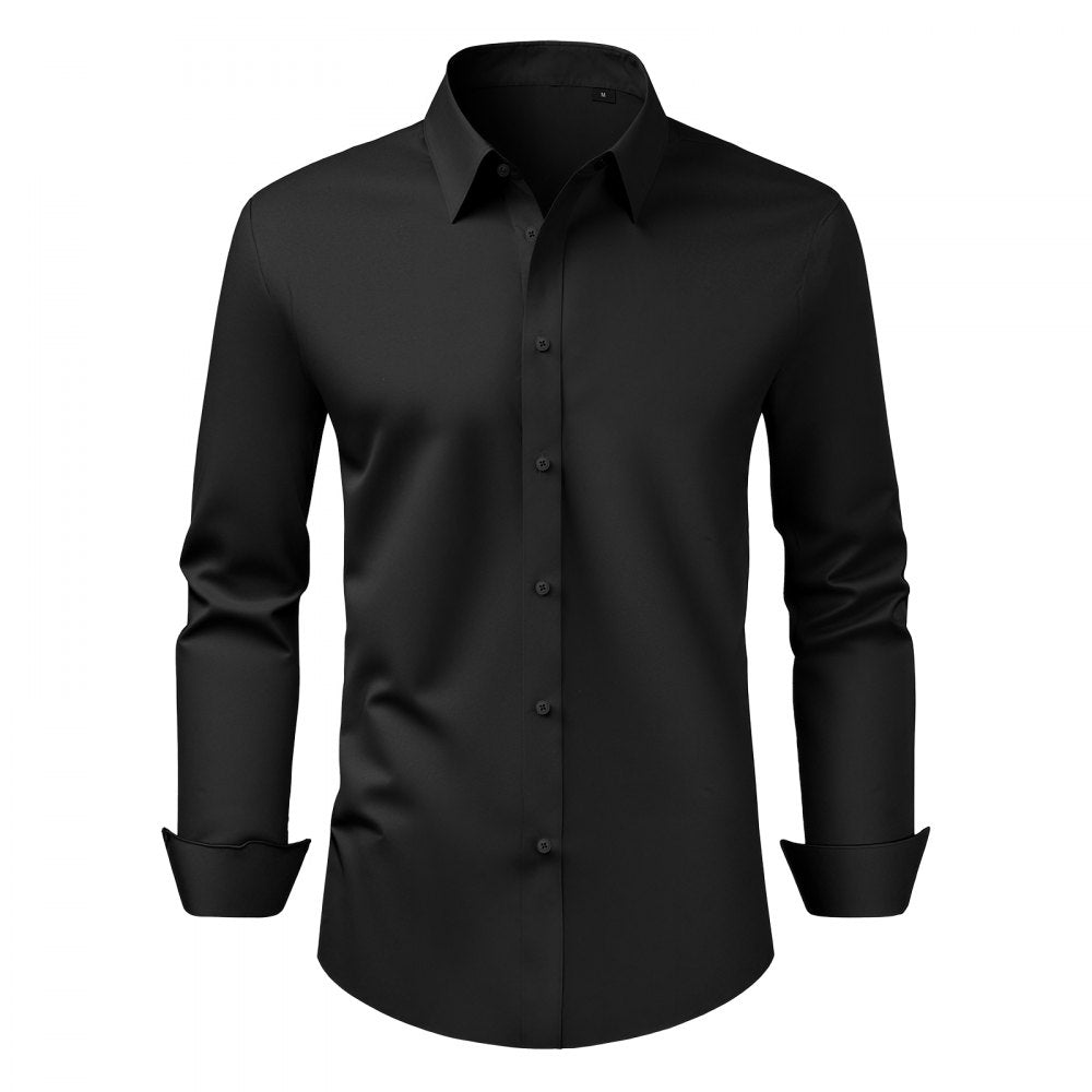 VEVOR Men's Button Up Shirt, Mens Long Sleeve Wrinkle-free Button Down Dress Shirts, Slim Fit Soft Stretch Fabric for Business Casual or Formal, Work, Wedding, Dinner, Black, M Size