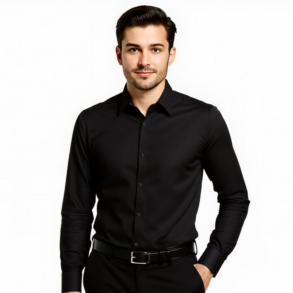 VEVOR Men's Button Up Shirt, Mens Long Sleeve Wrinkle-free Button Down Dress Shirts, Slim Fit Soft Stretch Fabric for Business Casual or Formal, Work, Wedding, Dinner, Black, M Size