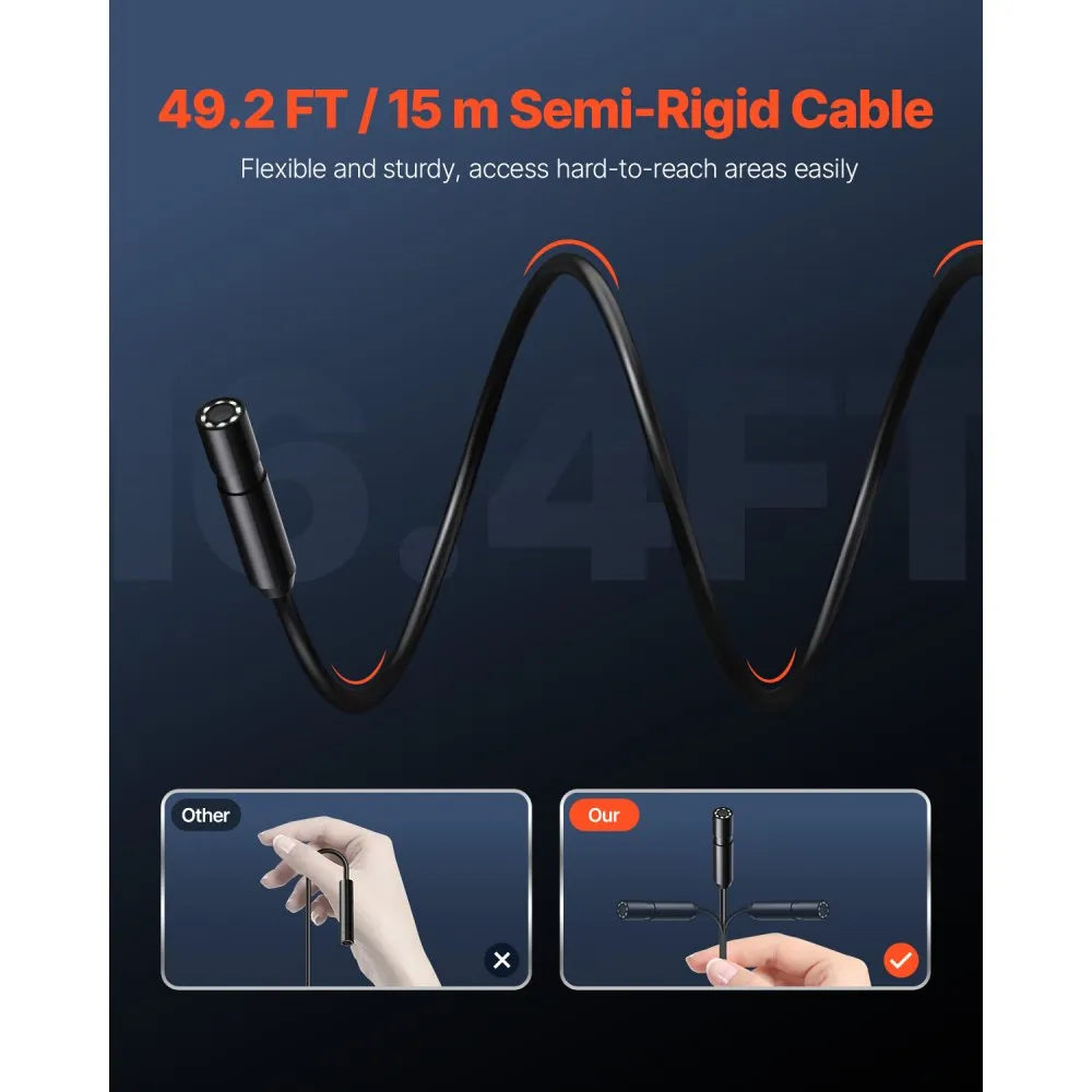 VEVOR Endoscope Camera with 49.2FT Semi-Rigid Cable, 1920P HD Borescope for Android & IOS, Industrial Inspection Camera with Light - 8 LED, 2X Zoom, IP67 Waterproof Snake Camera for Auto, Plumbing