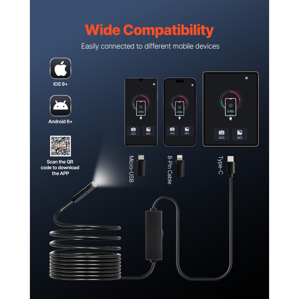 VEVOR Endoscope Camera with Light, 1920P HD Borescope for Android & IOS, 8 LED Lights Inspection Camera with 16.4FT Semi-Rigid Cable, 2X Zoom, IP67 Waterproof Snake Scope Camera for Auto, Plumbing
