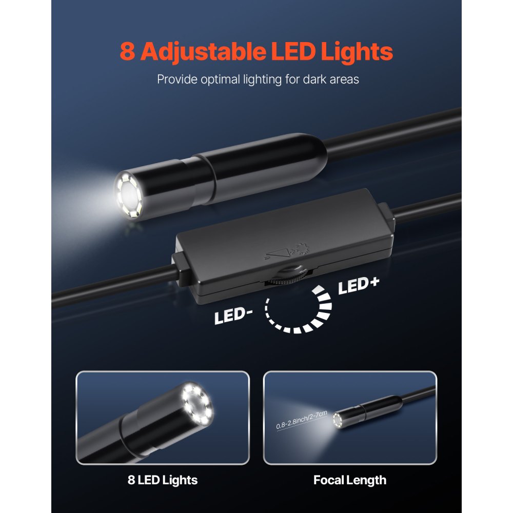 VEVOR Endoscope Camera with Light, 1920P HD Borescope for Android & IOS, 8 LED Lights Inspection Camera with 16.4FT Semi-Rigid Cable, 2X Zoom, IP67 Waterproof Snake Scope Camera for Auto, Plumbing