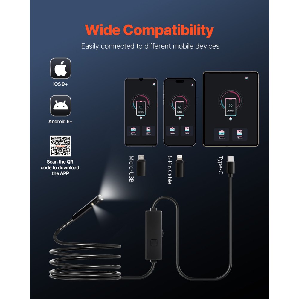 VEVOR Endoscope Camera with Light, Dual Lens Borescope for Android & IOS, 1920P HD Inspection Camera with 8 + 1 LED Lights, 2X Zoom, 10FT Snake Cable, IP67 Waterproof Snake Camera for Auto, Plumbing