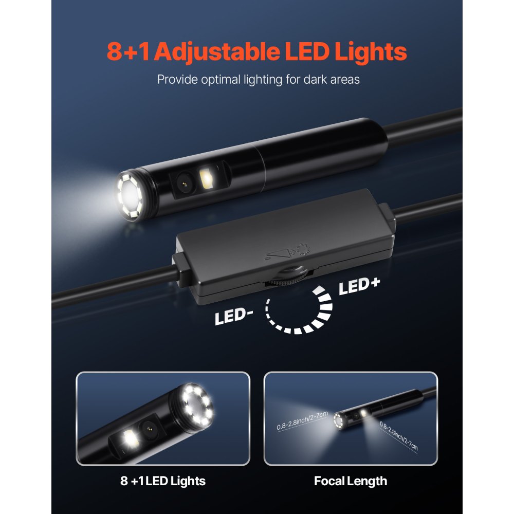 VEVOR Endoscope Camera with Light, Dual Lens Borescope for Android & IOS, 1920P HD Inspection Camera with 8 + 1 LED Lights, 2X Zoom, 10FT Snake Cable, IP67 Waterproof Snake Camera for Auto, Plumbing