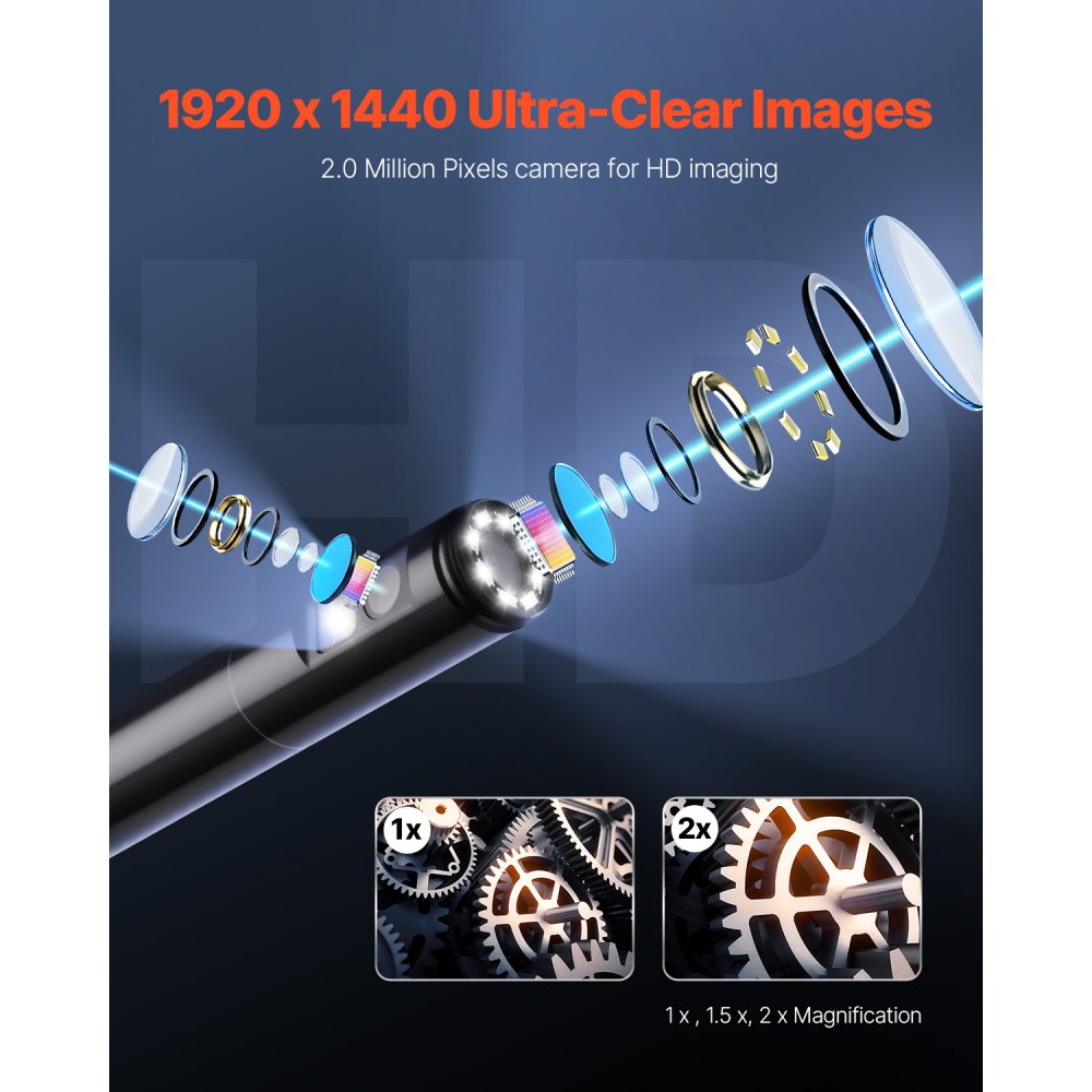 VEVOR Endoscope Camera with Light, Dual Lens Borescope for Android & IOS, 1920P HD Inspection Camera with 8 + 1 LED Light, 2X Zoom, 16.4FT Snake Cable, IP67 Waterproof Snake Camera for Auto, Plumbing