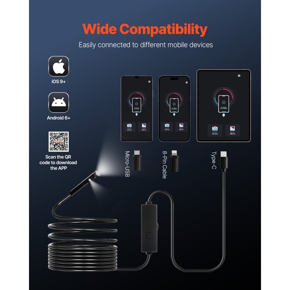 VEVOR Endoscope Camera with Light, Dual Lens Borescope for Android & IOS, 1920P HD Inspection Camera with 8 + 1 LED Light, 2X Zoom, 16.4FT Snake Cable, IP67 Waterproof Snake Camera for Auto, Plumbing