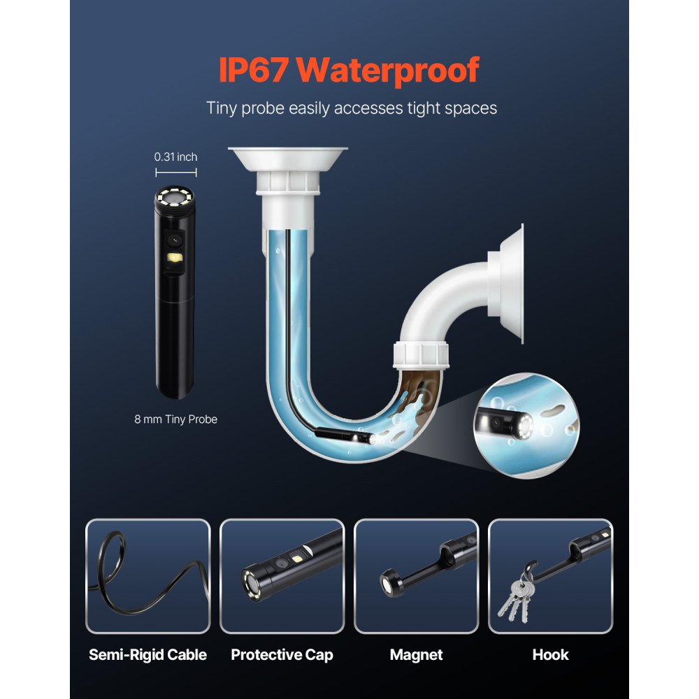 VEVOR Endoscope Camera with Light, Dual Lens Borescope for Android & IOS, 1920P HD Inspection Camera with 8 + 1 LED Light, 2X Zoom, 16.4FT Snake Cable, IP67 Waterproof Snake Camera for Auto, Plumbing