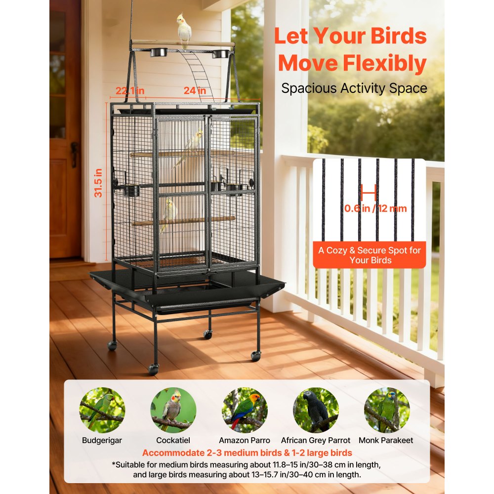 VEVOR Bird Cage, 32.7 x 31.1 x 82.7 inch, Open Flat Top, Wrought Iron Bird Flight Cage with Perches, Slide-Out Tray, Plastic Feeders, for Cockatiel, Monk Parakeet, Amazon Parrot, African Grey Parrot