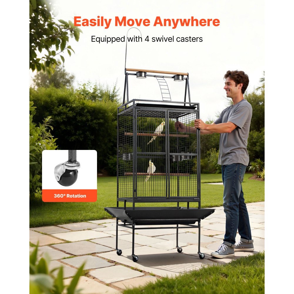 VEVOR Bird Cage, 32.7 x 31.1 x 82.7 inch, Open Flat Top, Wrought Iron Bird Flight Cage with Perches, Slide-Out Tray, Plastic Feeders, for Cockatiel, Monk Parakeet, Amazon Parrot, African Grey Parrot