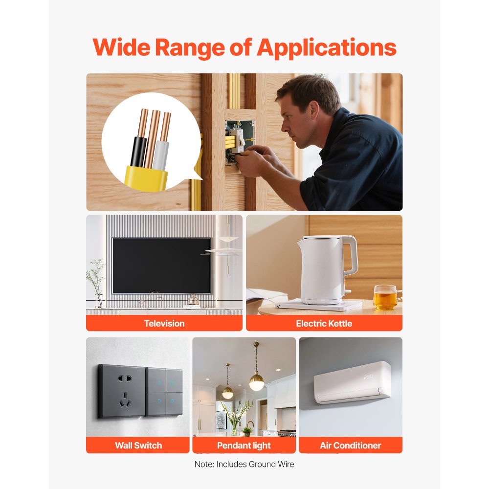 VEVOR NM-B Wire, 10AWG/2C Non-Mettalic Residential Indoor Electrical Wire with Ground, PVC Sheathed High-Purity Copper Core Cable, for Outlets, Switches, Other Loads & Lighting Wiring Projects(50 ft)