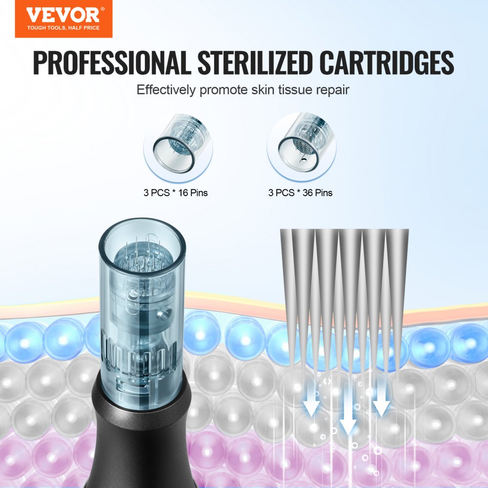 VEVOR Professional Microneedling Pen, Electric Derma Pen with 3 PCS * 16 Pin + 3 PCS * 36 Pin Disposable Cartridge, 6 Variable Speed Skin Care Beauty Device with LCD Display and 0-2.5mm Adjustable Needle Length
