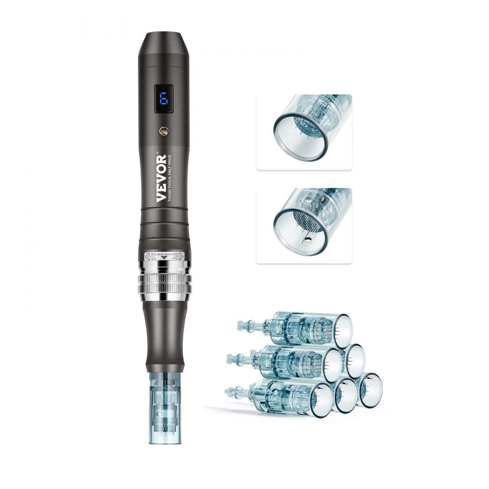 VEVOR Professional Microneedling Pen, Electric Derma Pen with 3 PCS * 16 Pin + 3 PCS * 36 Pin Disposable Cartridge, 6 Variable Speed Skin Care Beauty Device with LCD Display and 0-2.5mm Adjustable Needle Length
