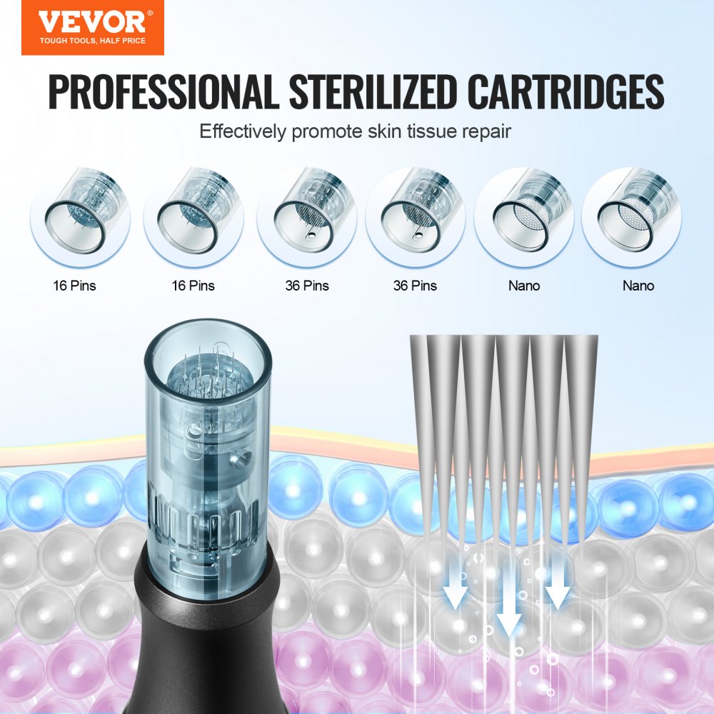 VEVOR Professional Microneedling Pen, Electric Derma Pen with 6PCS Disposable Cartridges, 6 Variable Speed Skin Care Beauty Device with LCD Display and 0-2.5mm Adjustable Needle Length
