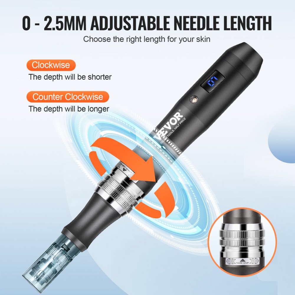 VEVOR Professional Microneedling Pen, Electric Derma Pen with 6PCS Disposable Cartridges, 6 Variable Speed Skin Care Beauty Device with LCD Display and 0-2.5mm Adjustable Needle Length