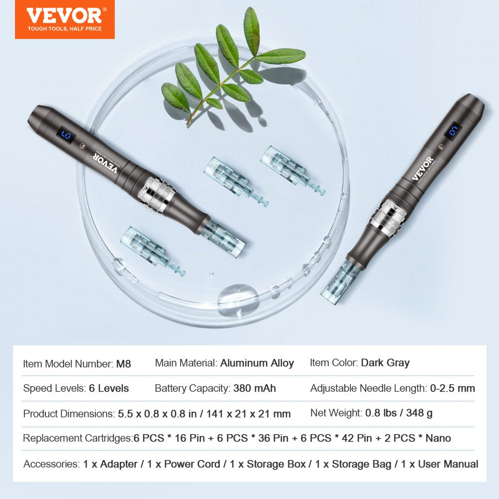 VEVOR Professional Microneedling Pen, Electric Derma Pen with 20PCS Disposable Cartridges, 6 Variable Speed Skin Care Beauty Device with LCD Display and 0-2.5mm Adjustable Needle Length