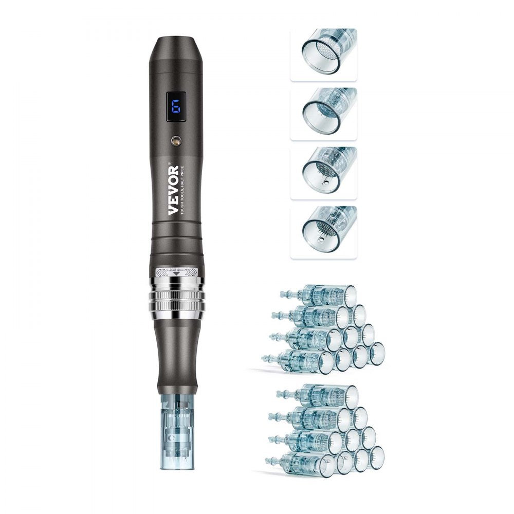 VEVOR Professional Microneedling Pen, Electric Derma Pen with 20PCS Disposable Cartridges, 6 Variable Speed Skin Care Beauty Device with LCD Display and 0-2.5mm Adjustable Needle Length