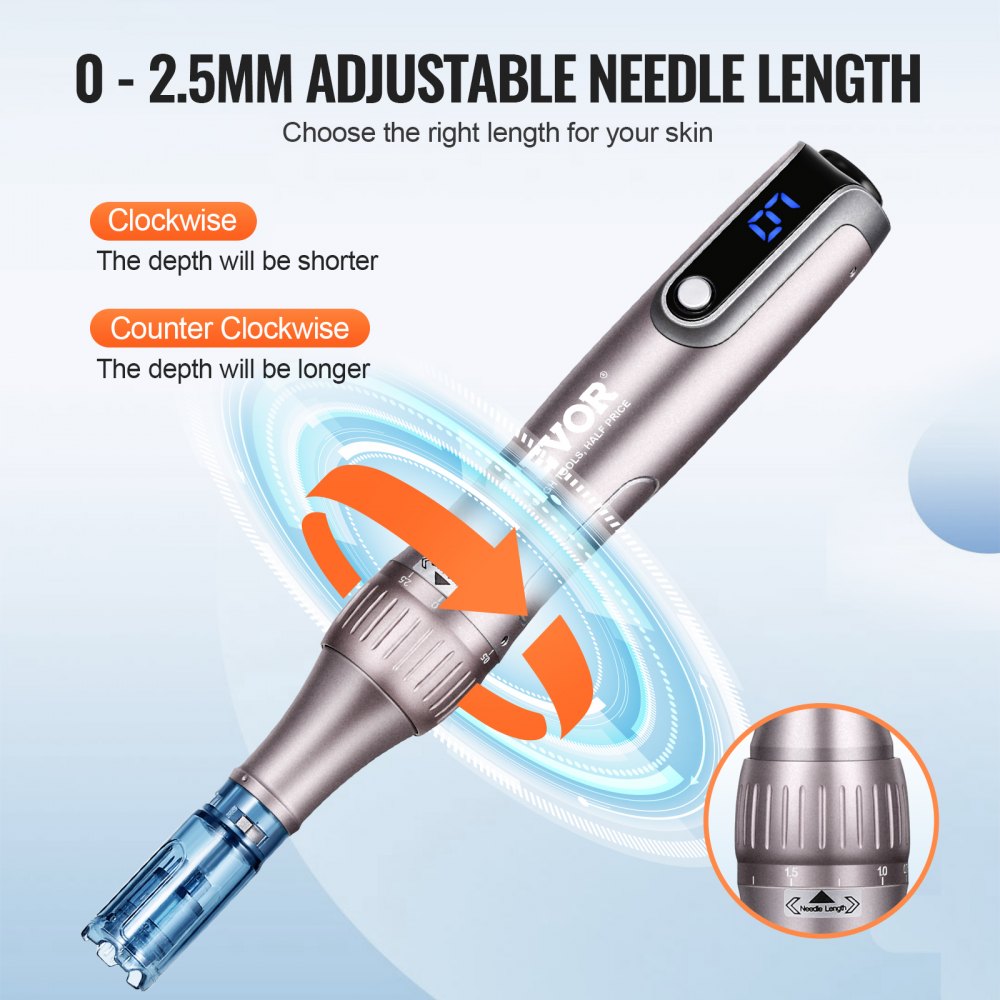 VEVOR Microneedling Pen M8S, Electric Derma Pen with 20PCS Anti-Backflow Cartridges, 6 Variable Speed Skin Care Beauty Device with LCD Display and 0-2.5mm Adjustable Needle Length