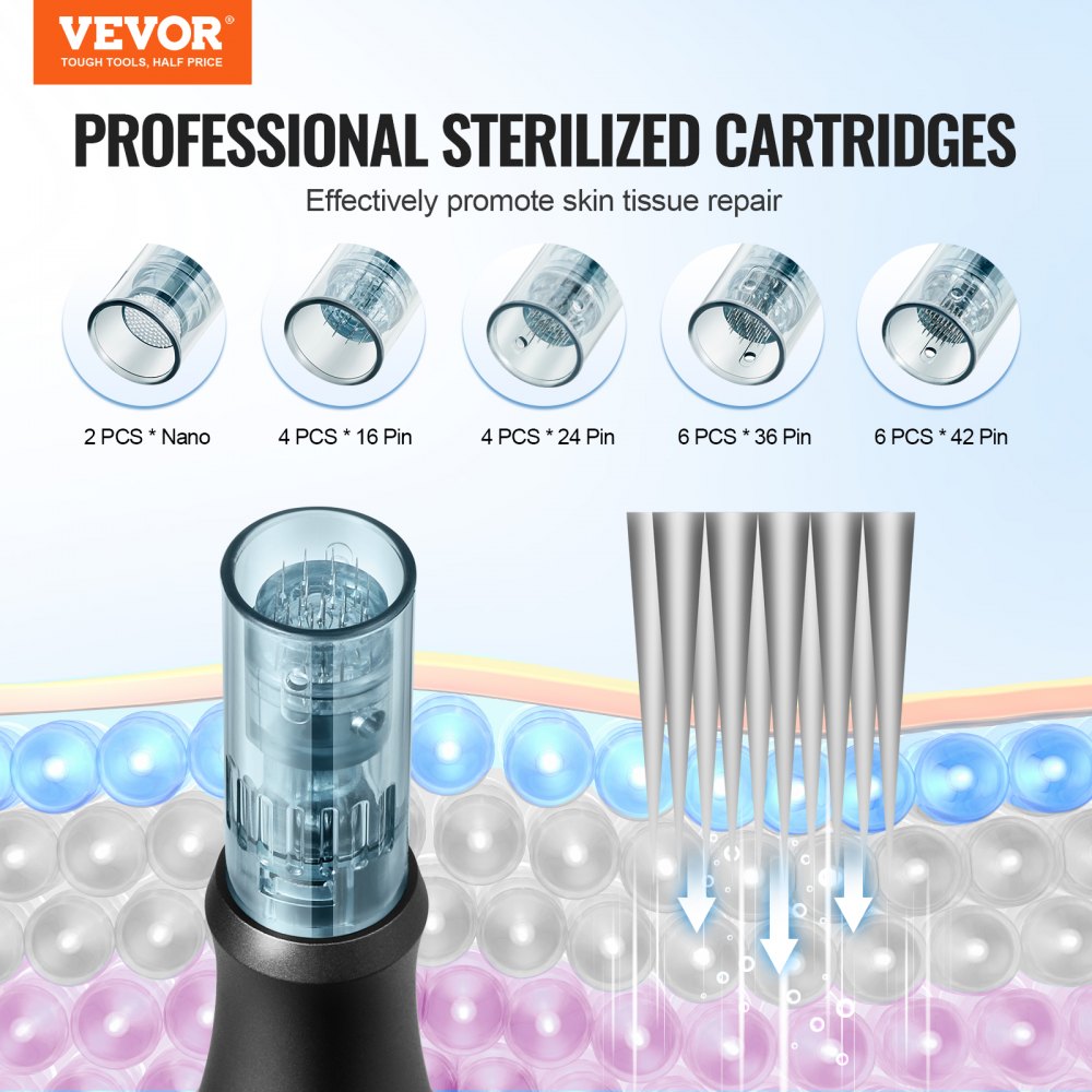 VEVOR Professional Microneedling Pen, Electric Derma Pen with 22PCS Disposable Cartridges, 6 Variable Speed Skin Care Beauty Device with LCD Display and 0-2.5mm Adjustable Needle Length