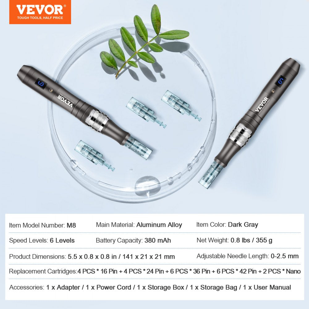 VEVOR Professional Microneedling Pen, Electric Derma Pen with 22PCS Disposable Cartridges, 6 Variable Speed Skin Care Beauty Device with LCD Display and 0-2.5mm Adjustable Needle Length