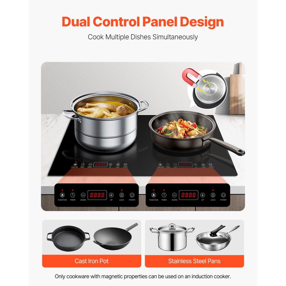 VEVOR Induction Cooktop, 1800W Electric Countertop Burner, 2 Burner Touch Control Stove, Built-in Induction Cooktop with 9 Power Settings, Child Safety Lock, Timer, Glass Surface