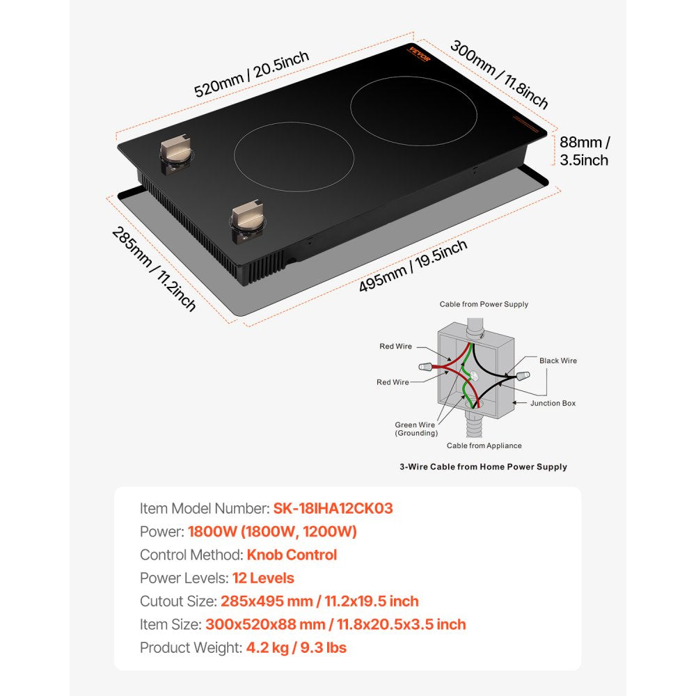 VEVOR Induction Cooktop, 1800W Electric Countertop Burner, 2 Burner Knob Control Stove, Built-in Induction Cooktop with 12 Temperature Settings, Glass Surface, Auto Shut-Off