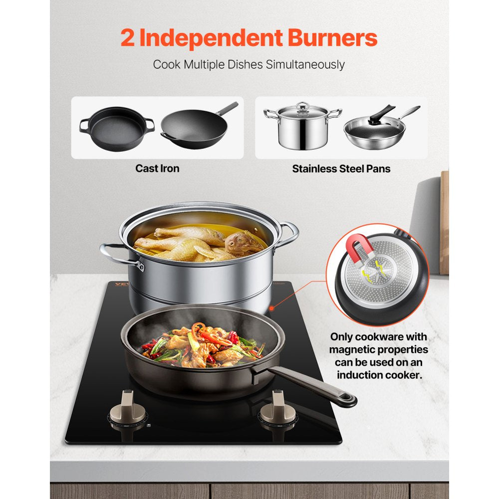 VEVOR Induction Cooktop, 3500W Electric Countertop Burner, 2 Burner Knob Control Stove, Built-in Induction Cooktop with 12 Temperature Settings, Glass Surface, Auto Shut-Off