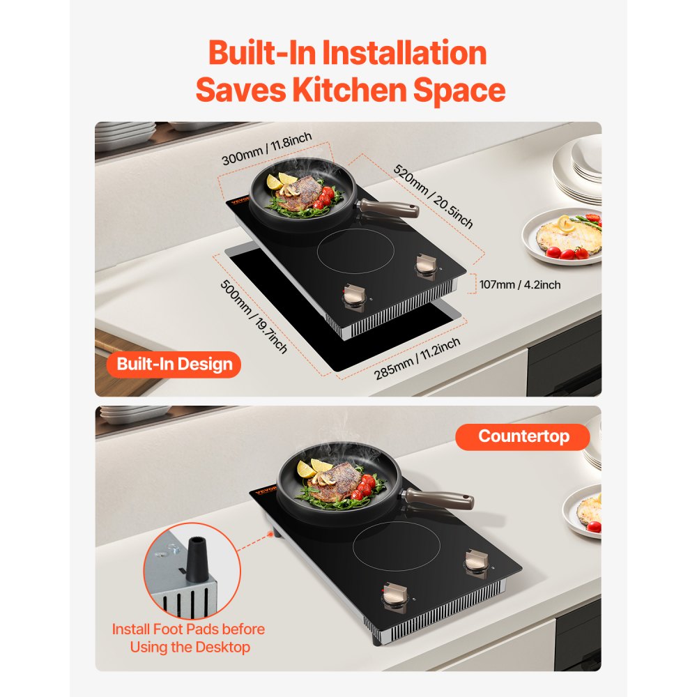 VEVOR Induction Cooktop, 3500W Electric Countertop Burner, 2 Burner Knob Control Stove, Built-in Induction Cooktop with 12 Temperature Settings, Glass Surface, Auto Shut-Off