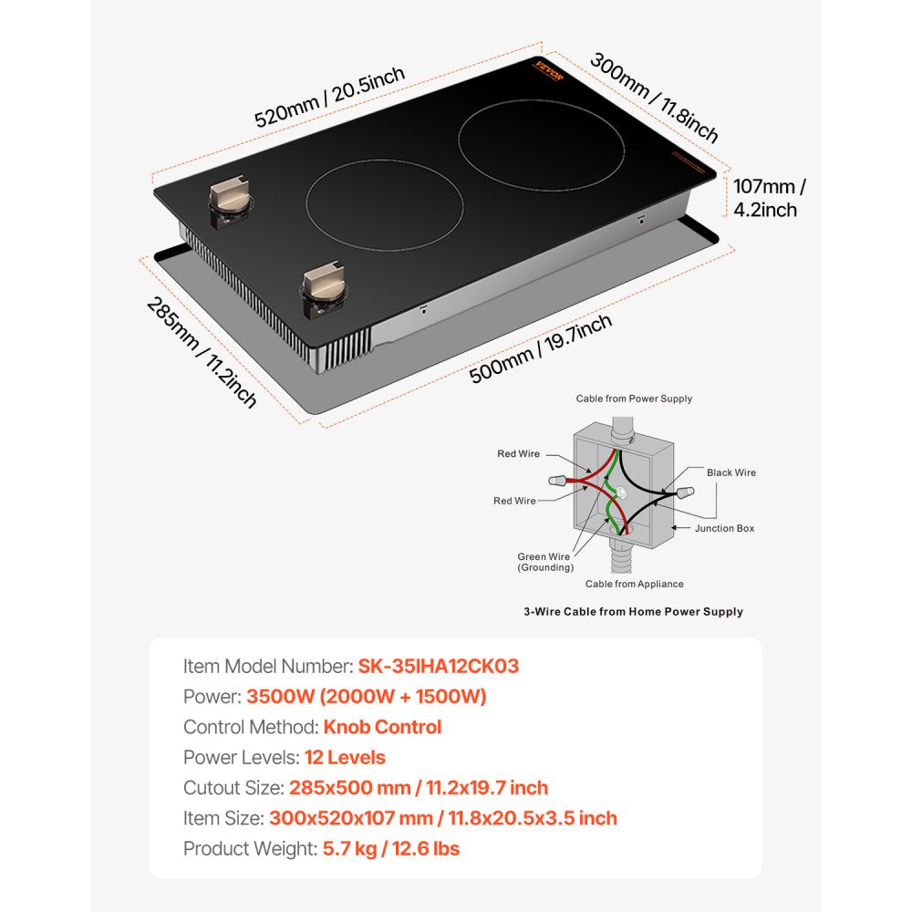 VEVOR Induction Cooktop, 3500W Electric Countertop Burner, 2 Burner Knob Control Stove, Built-in Induction Cooktop with 12 Temperature Settings, Glass Surface, Auto Shut-Off