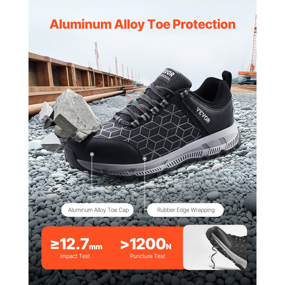 VEVOR Steel Toe Shoes for Men, US Size 10.5, Men’s Cushion Sport Safety Toe Athletic Work Shoe, Indestructible Safety Sneakers Lightweight,Breathable Industry Construction Work Shoes, Black