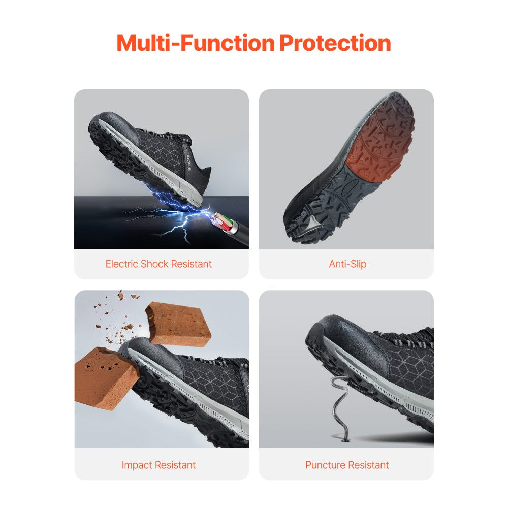 VEVOR Steel Toe Shoes for Men, US Size 10.5, Men’s Cushion Sport Safety Toe Athletic Work Shoe, Indestructible Safety Sneakers Lightweight,Breathable Industry Construction Work Shoes, Black