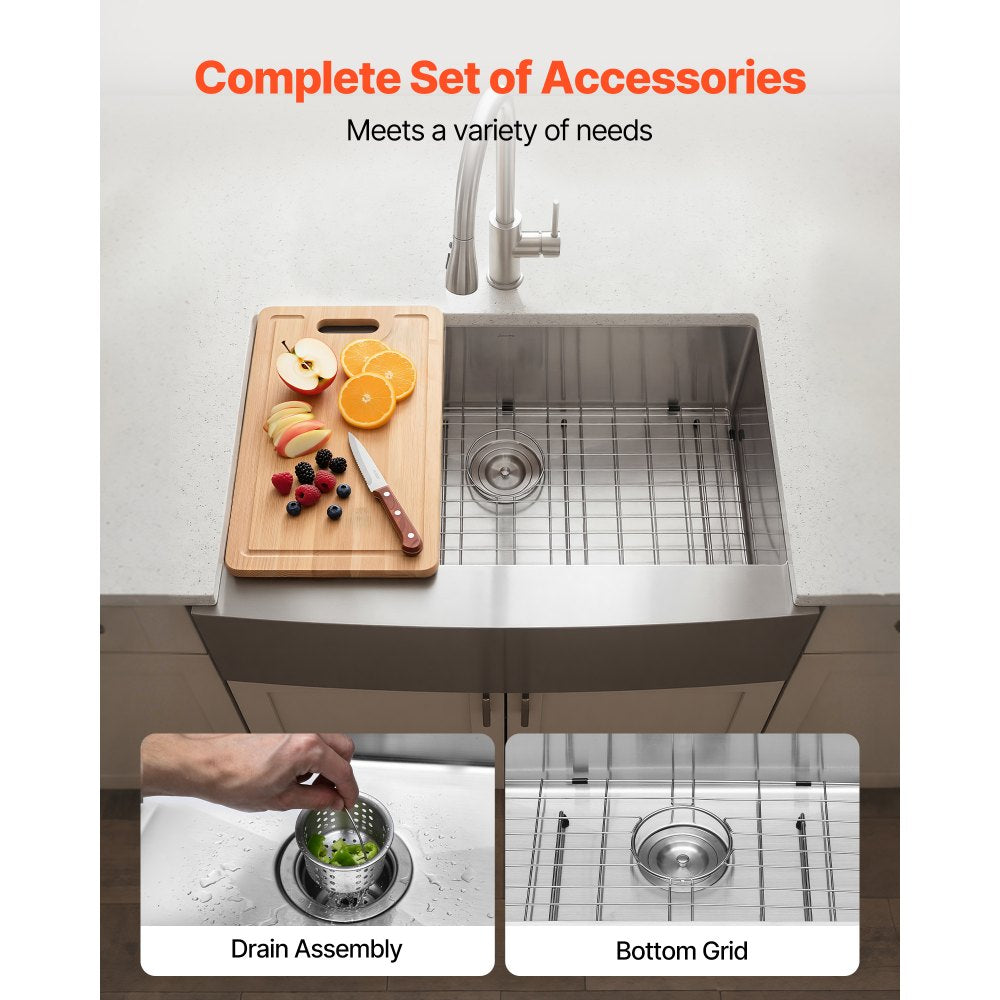 VEVOR 33-inch Kitchen Undermount Single Bowl Sinks, Stainless Steel Drop-In Farmhouse Basin with Accessories, Household Dishwasher Sinks for RV, Prep Kitchen, Laundry Room, Bar