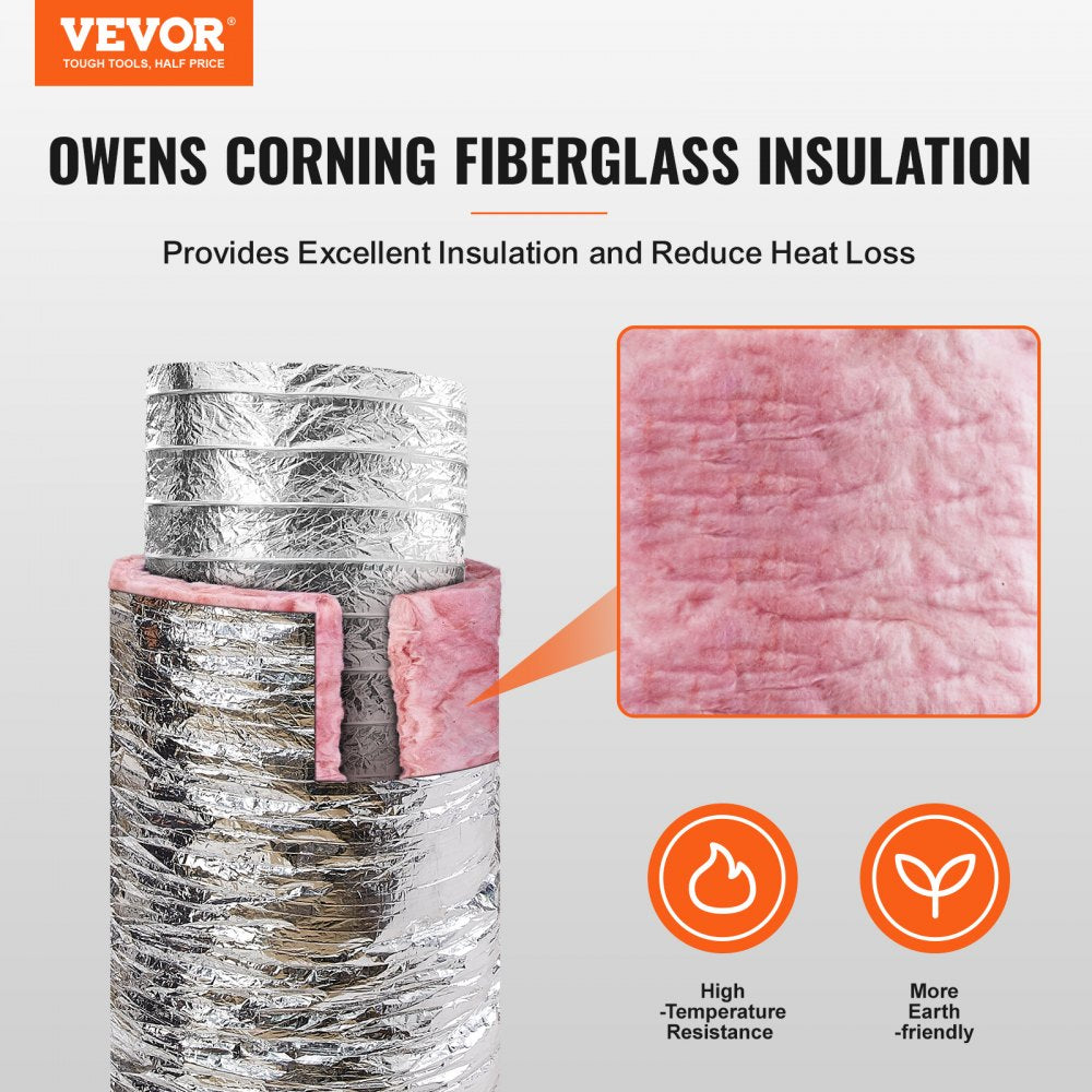 VEVOR Dryer Vent Hose, 5'' Insulated Flexible Duct 25FT Long with 2 Duct Clamps, Heavy-Duty Three Layer Protection for HVAC Heating Cooling Ventilation and Exhaust, R-6.0 Flame Resistance Value