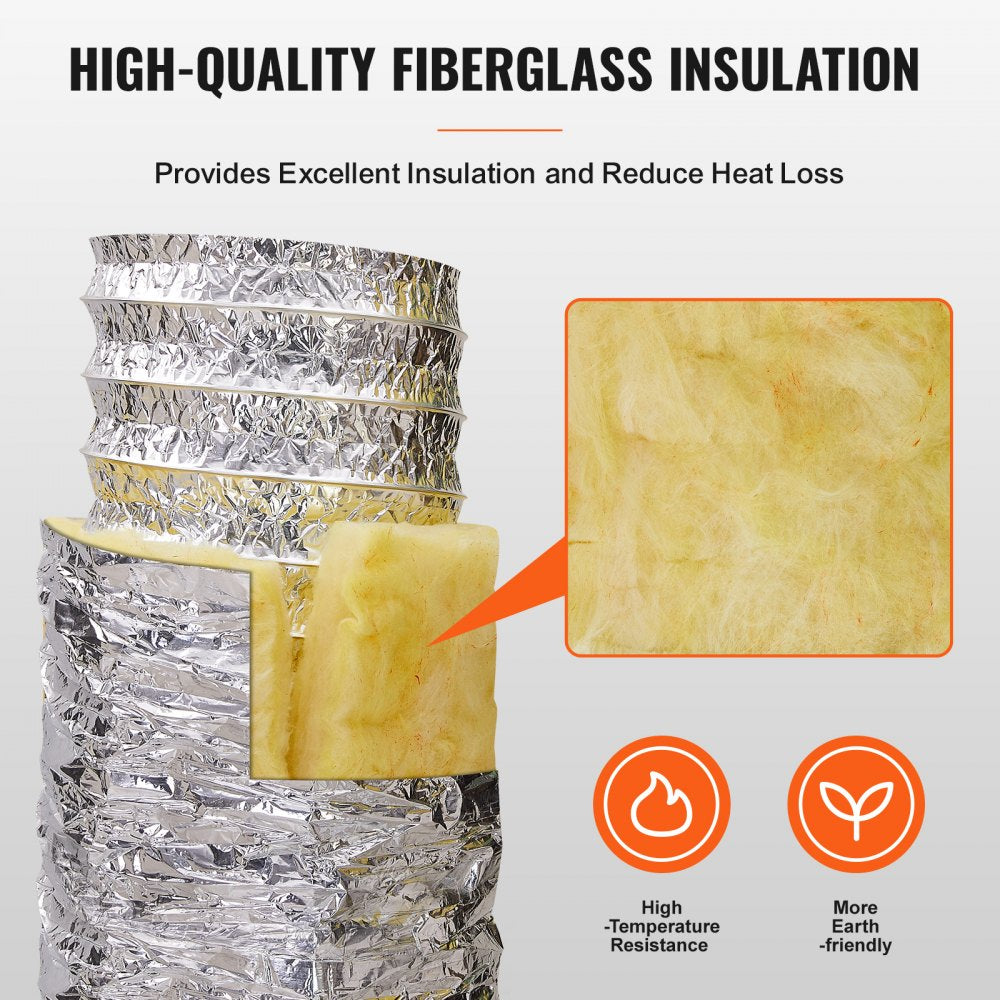 VEVOR Dryer Vent Hose, 6'' Insulated Flexible Duct 25FT Long with 2 Duct Clamps, Heavy-Duty Three Layer Protection for HVAC Heating Cooling Ventilation and Exhaust, R-4.2 Flame Resistance Value