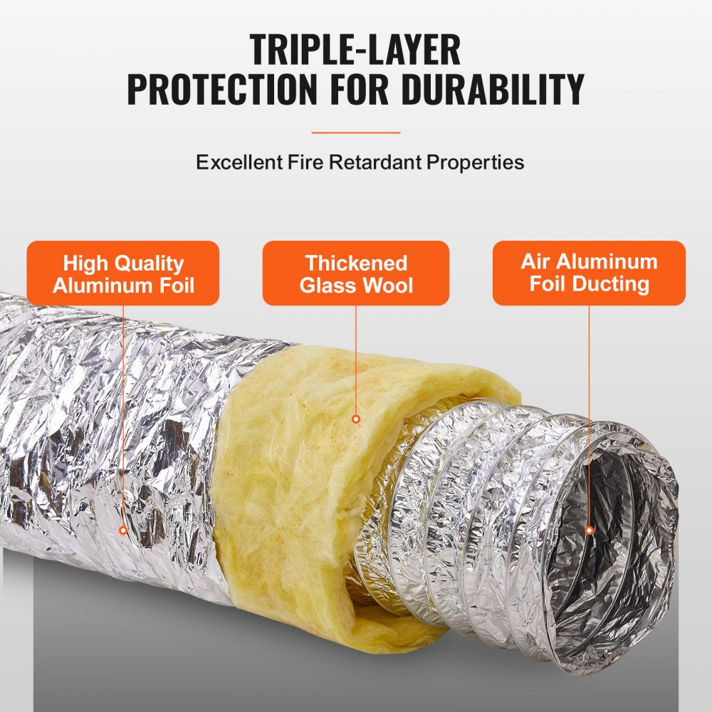 VEVOR Dryer Vent Hose, 6'' Insulated Flexible Duct 25FT Long with 2 Duct Clamps, Heavy-Duty Three Layer Protection for HVAC Heating Cooling Ventilation and Exhaust, R-4.2 Flame Resistance Value