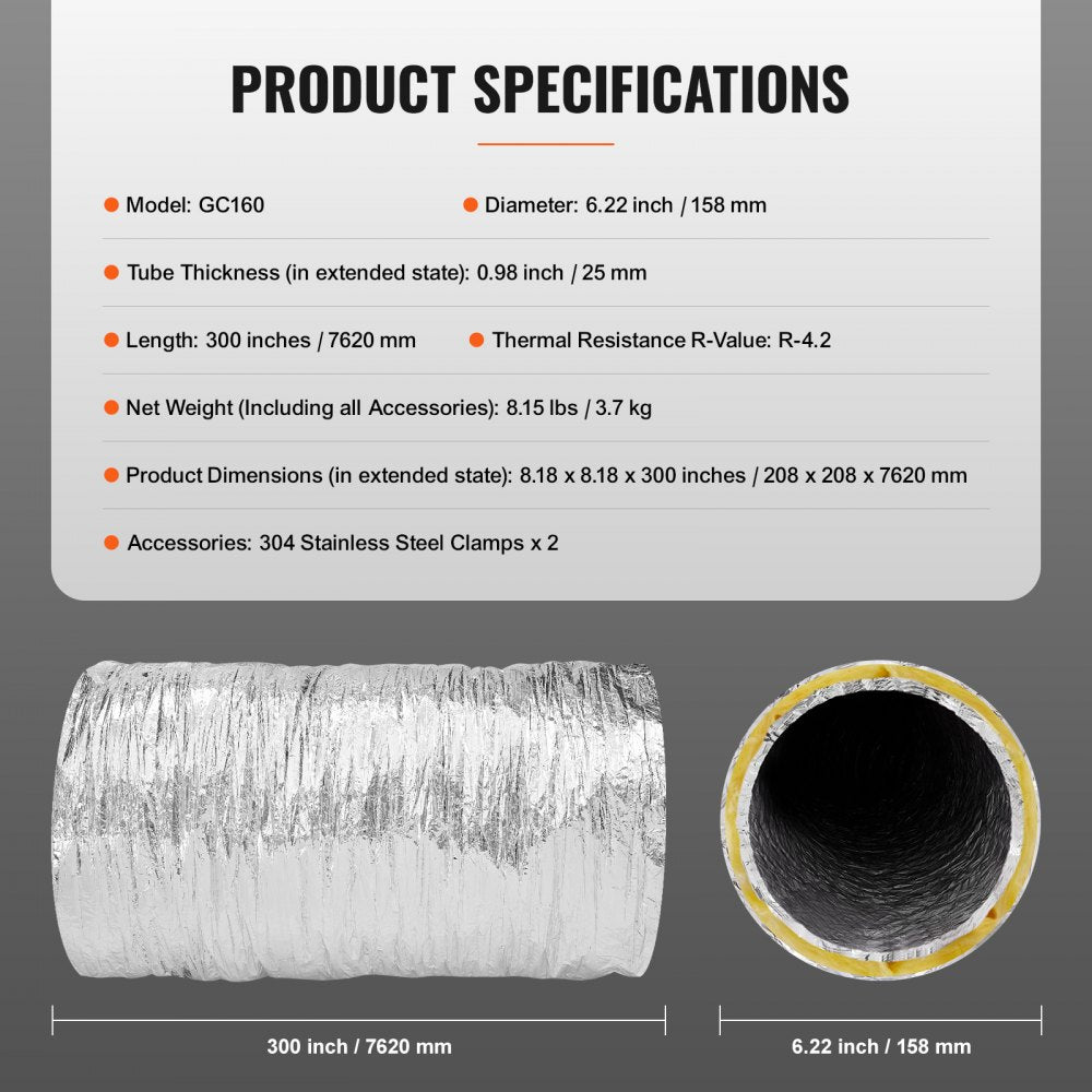VEVOR Dryer Vent Hose, 6'' Insulated Flexible Duct 25FT Long with 2 Duct Clamps, Heavy-Duty Three Layer Protection for HVAC Heating Cooling Ventilation and Exhaust, R-4.2 Flame Resistance Value