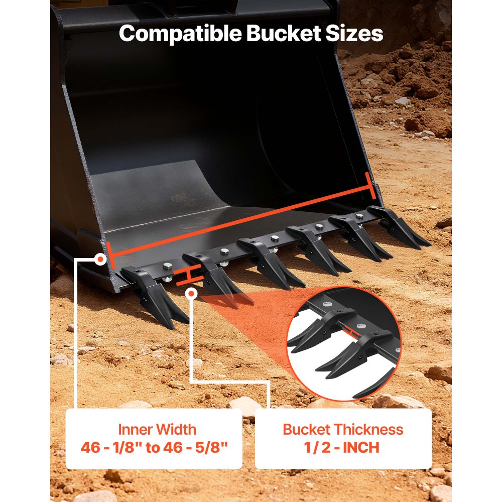 VEVOR Bucket Tooth Bar,45.2 in Heavy Duty 6 Teeth Tractor Bucket Bar for Tractor Loader Skidsteer, 4560 lbs Load Capacity, Bolt On Teeth Bars for Buckets Protection Efficient & Soil Excavation