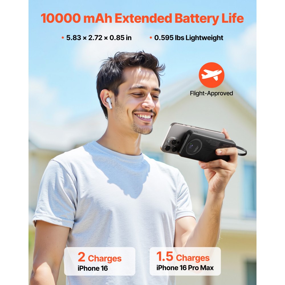 VEVOR Portable Charger, with Built-in Cables, 10000 mAh Travel Battery Pack, 6 Outputs 3 Inputs Fast Charging Power Bank with USB Type-C Micro-B Input, Smart LED Display, for iPhone, Samsung, Android