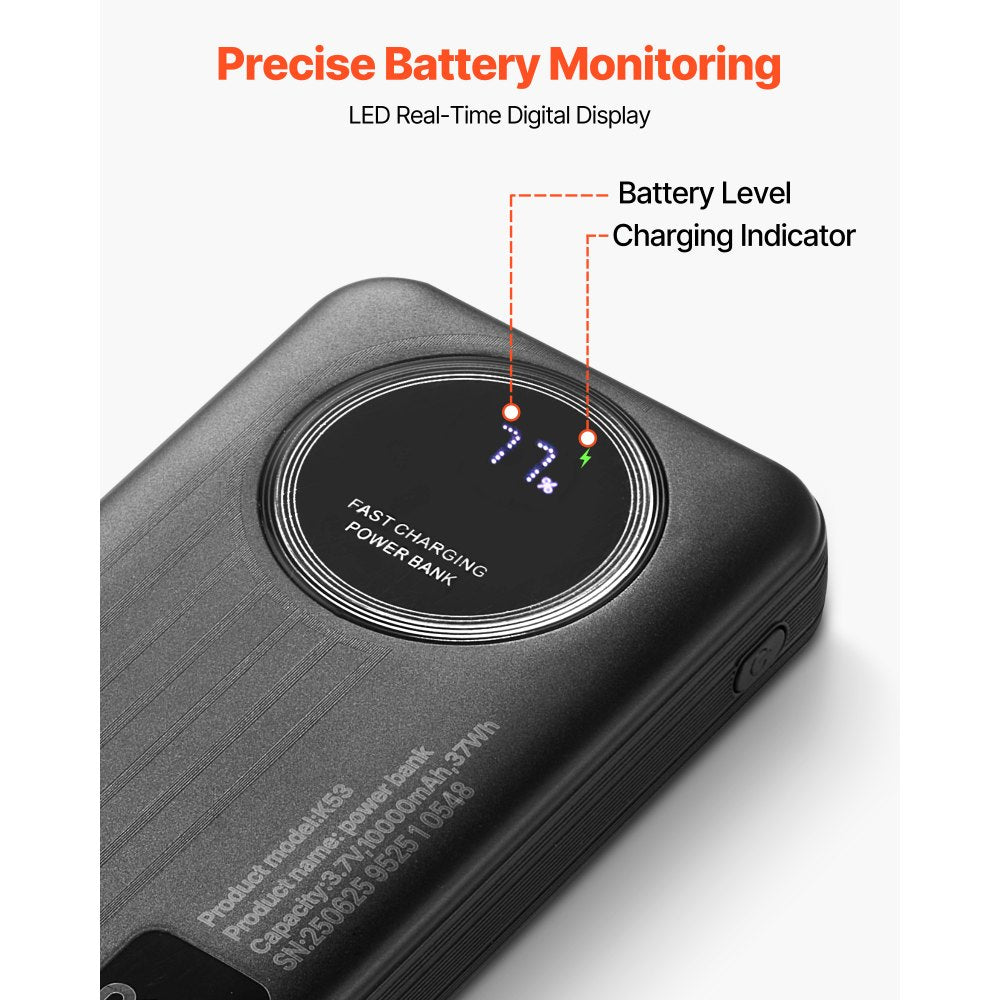VEVOR Portable Charger, with Built-in Cables, 10000 mAh Travel Battery Pack, 6 Outputs 3 Inputs Fast Charging Power Bank with USB Type-C Micro-B Input, Smart LED Display, for iPhone, Samsung, Android