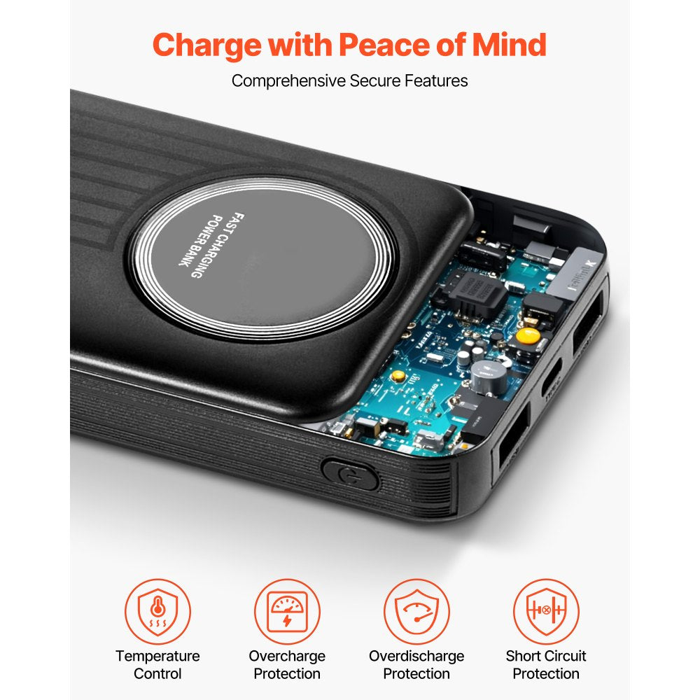 VEVOR Portable Charger, with Built-in Cables, 10000 mAh Travel Battery Pack, 6 Outputs 3 Inputs Fast Charging Power Bank with USB Type-C Micro-B Input, Smart LED Display, for iPhone, Samsung, Android