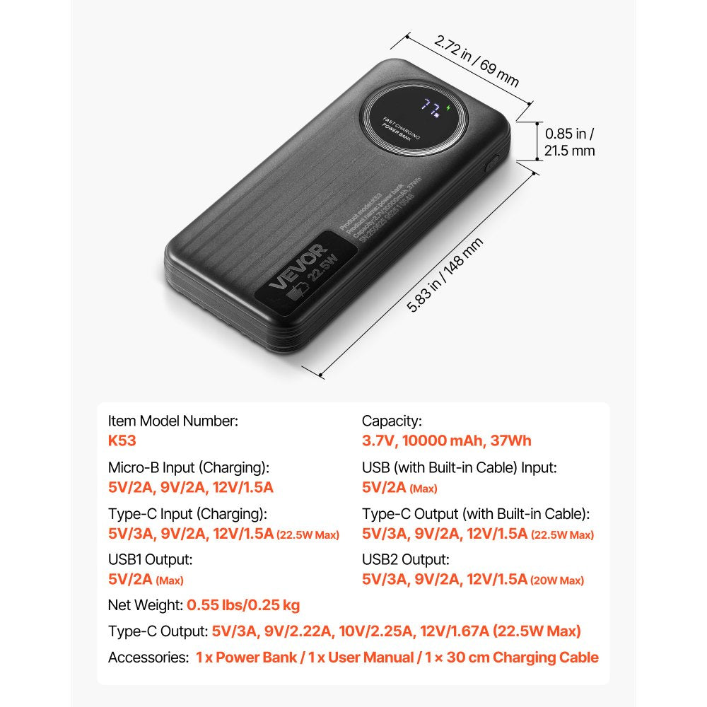 VEVOR Portable Charger, with Built-in Cables, 10000 mAh Travel Battery Pack, 6 Outputs 3 Inputs Fast Charging Power Bank with USB Type-C Micro-B Input, Smart LED Display, for iPhone, Samsung, Android