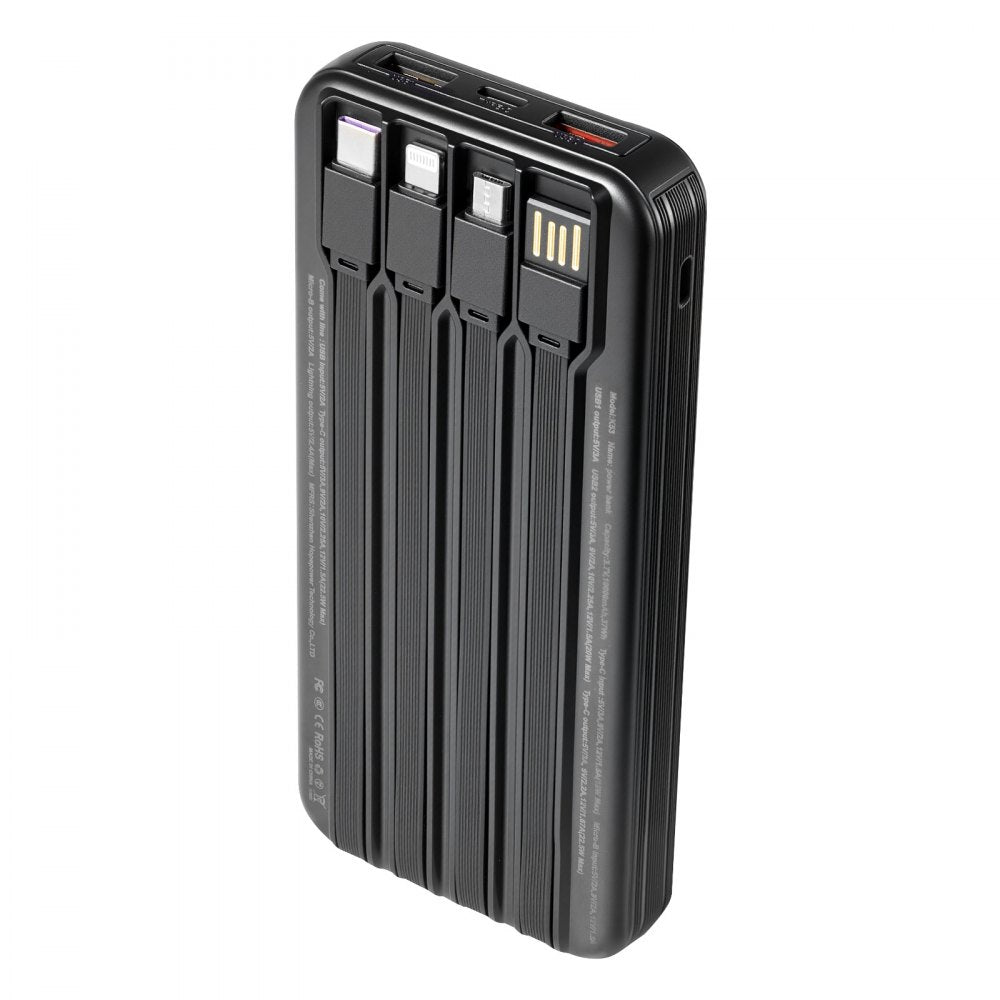 VEVOR Portable Charger, with Built-in Cables, 10000 mAh Travel Battery Pack, 6 Outputs 3 Inputs Fast Charging Power Bank with USB Type-C Micro-B Input, Smart LED Display, for iPhone, Samsung, Android