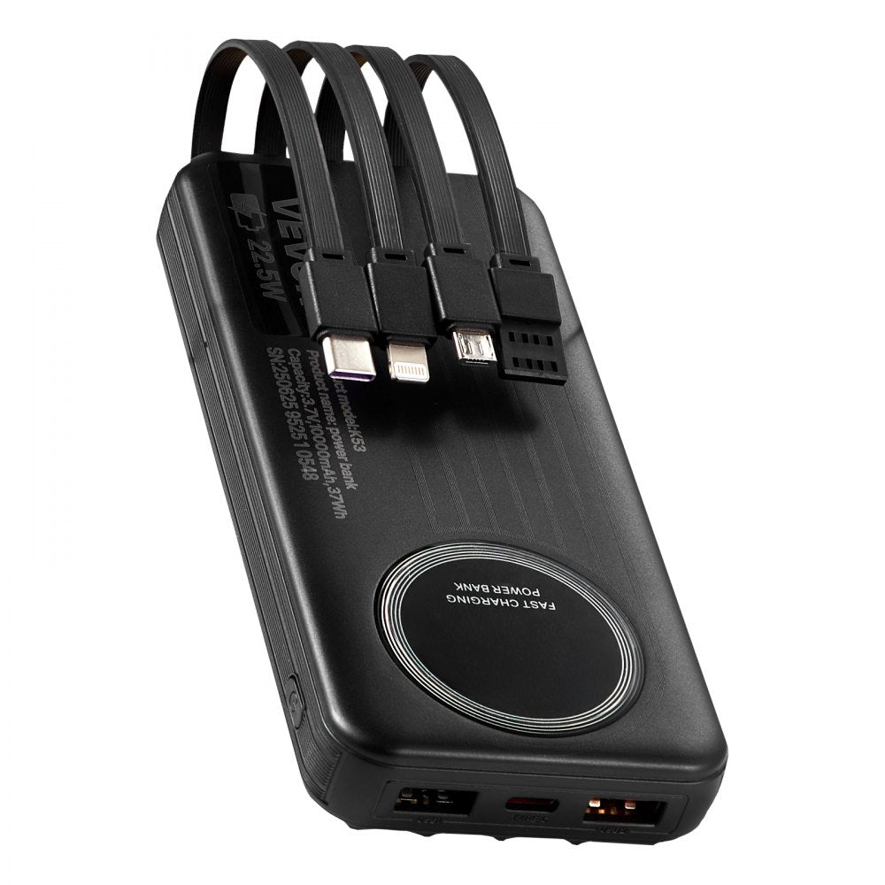 VEVOR Portable Charger, with Built-in Cables, 10000 mAh Travel Battery Pack, 6 Outputs 3 Inputs Fast Charging Power Bank with USB Type-C Micro-B Input, Smart LED Display, for iPhone, Samsung, Android