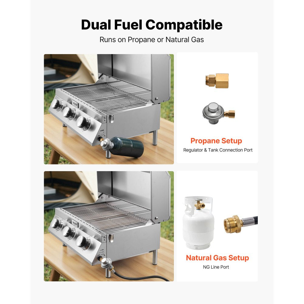 VEVOR Tabletop Gas Grill, 3-Burner Stainless Steel Portable Propane Grill, with Built-in Thermometer, Travel Locks, Weatherproof Lid, 22,500 BTU Total, for Outdoor Cooking, Patio, Party, Camping, RV